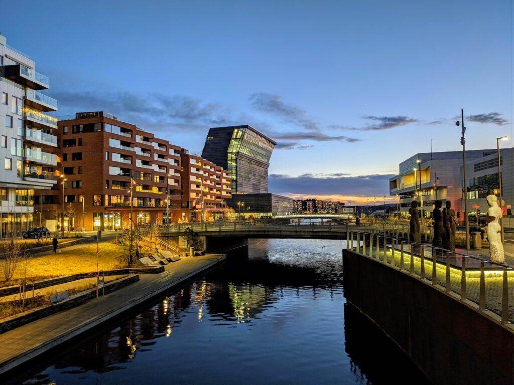 Bridge Over Aker River Near Buildings