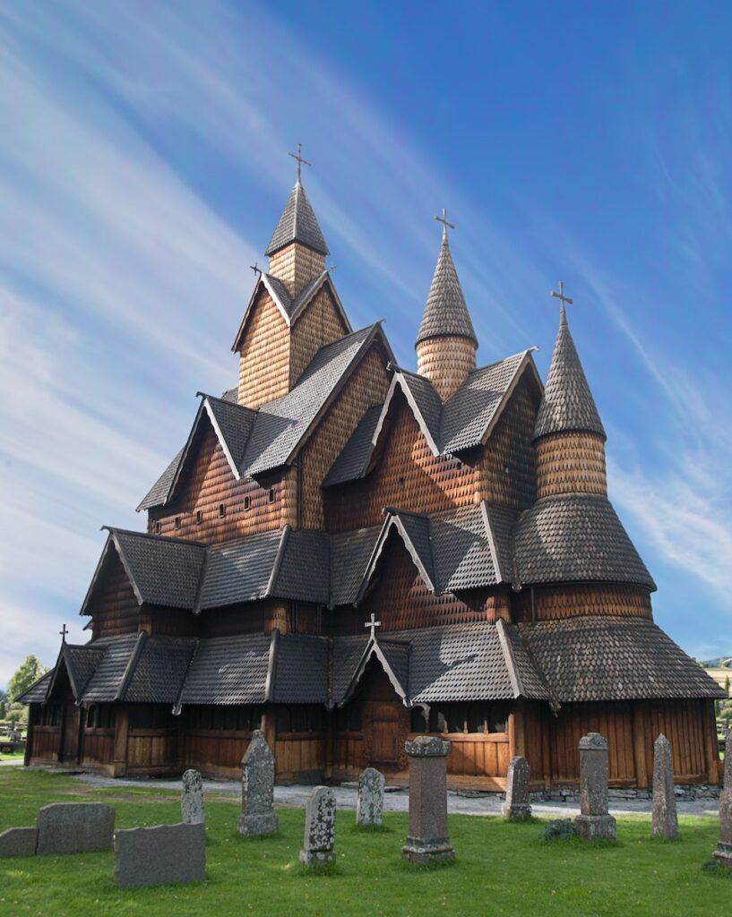 Stave Church in Norway Under Blue Sky
