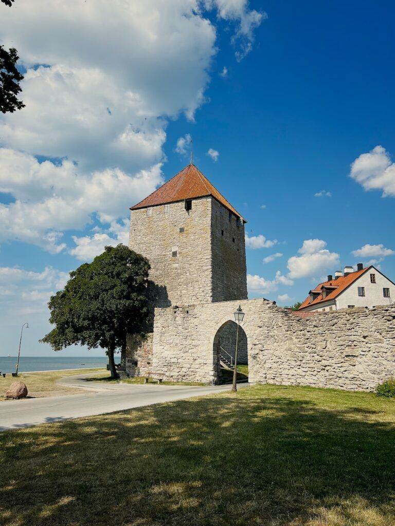 a stone building with a tower and a tree in front of it