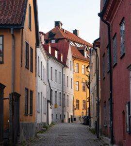 a narrow street with buildings on both sides
