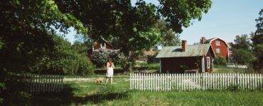 woman standing beside dog in green lawn