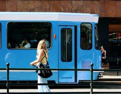 woman in black leather backpack standing beside blue and white train during daytime