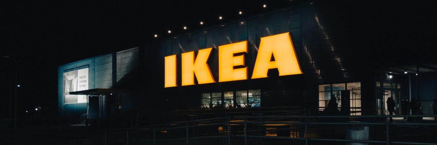 a large ikea store lit up at night