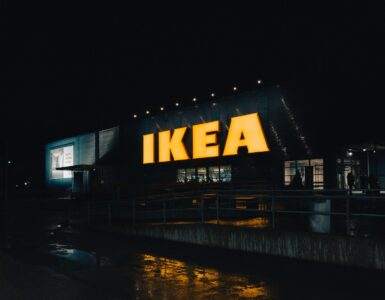 a large ikea store lit up at night