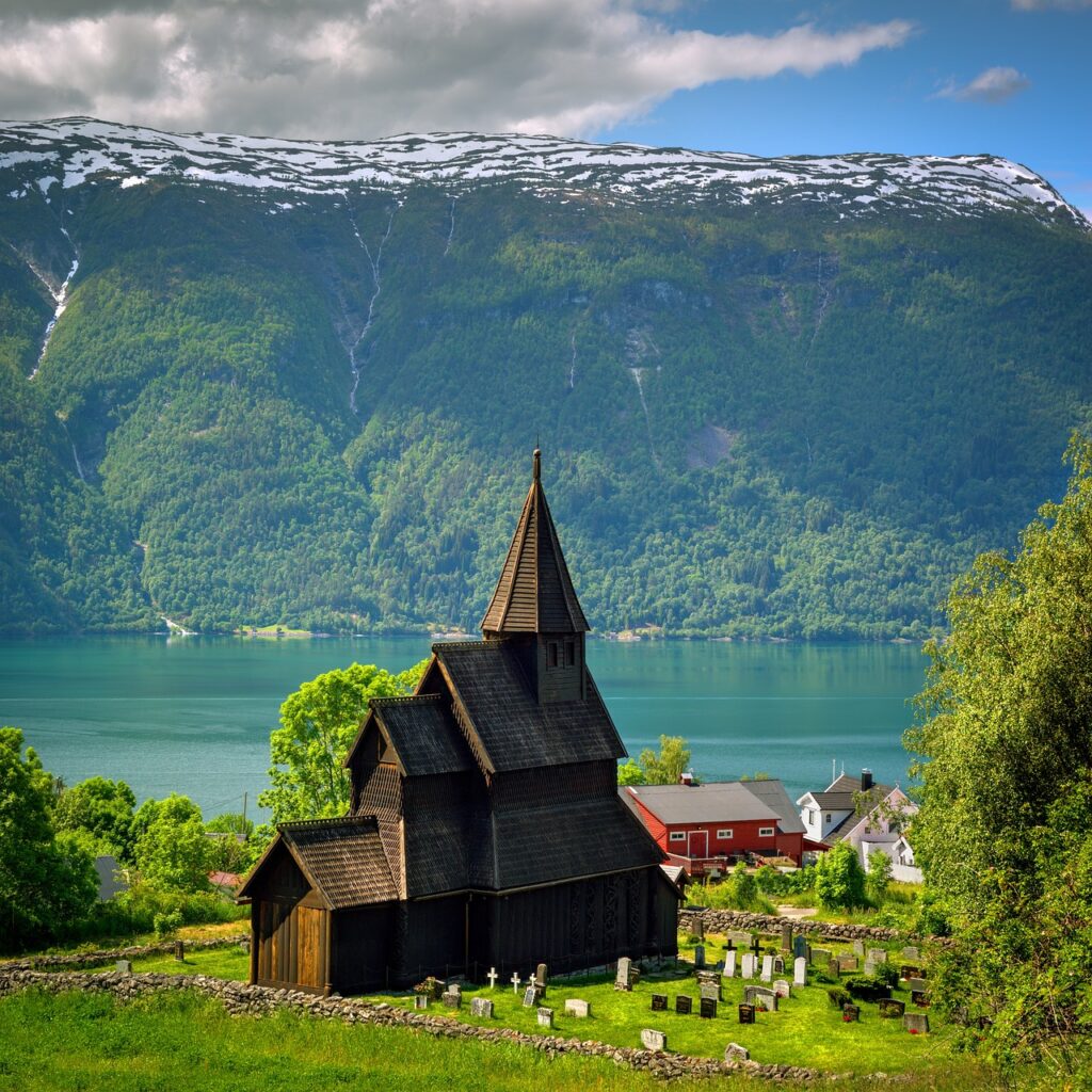 stave church, fjord, mountain